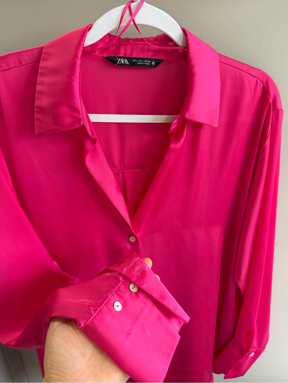 Zara Fuchsia Satin Button-Down Blouse